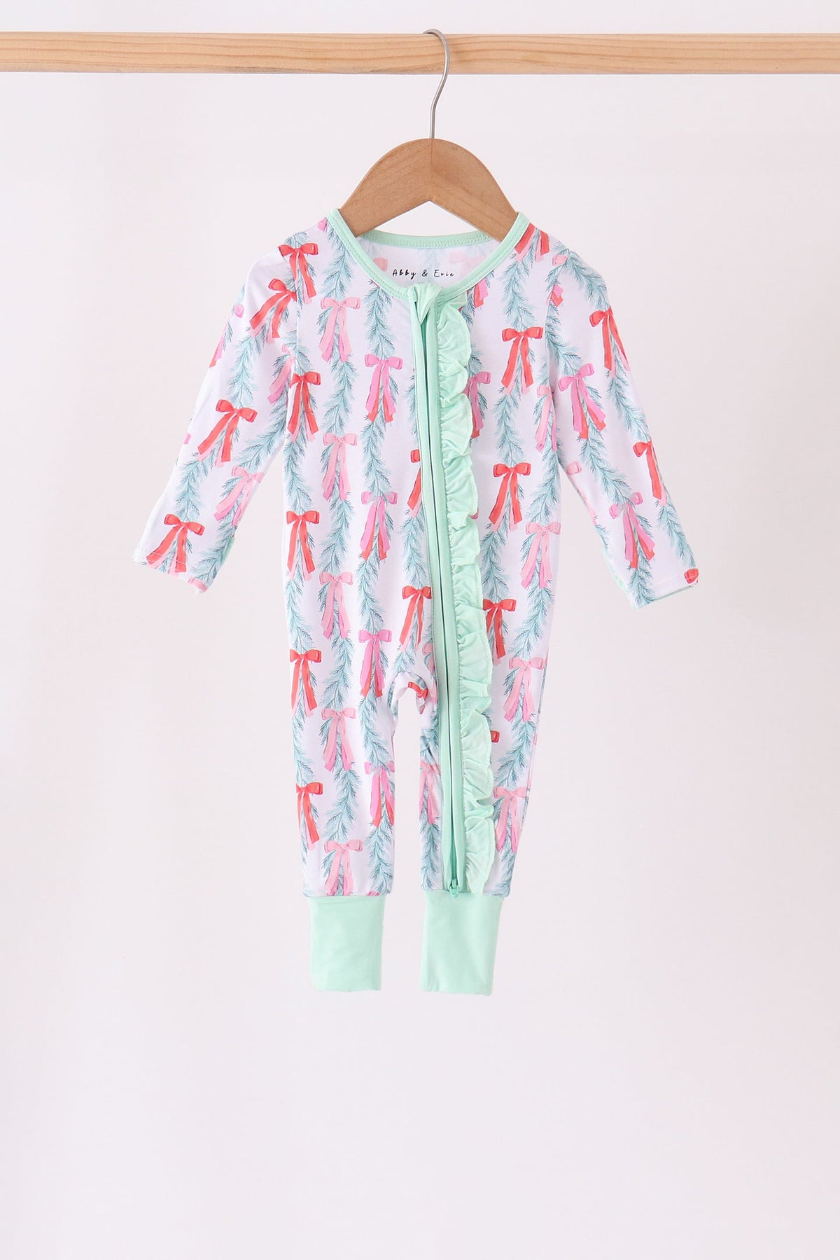 Green Bow Christmas Tree Bamboo Zipper Romper