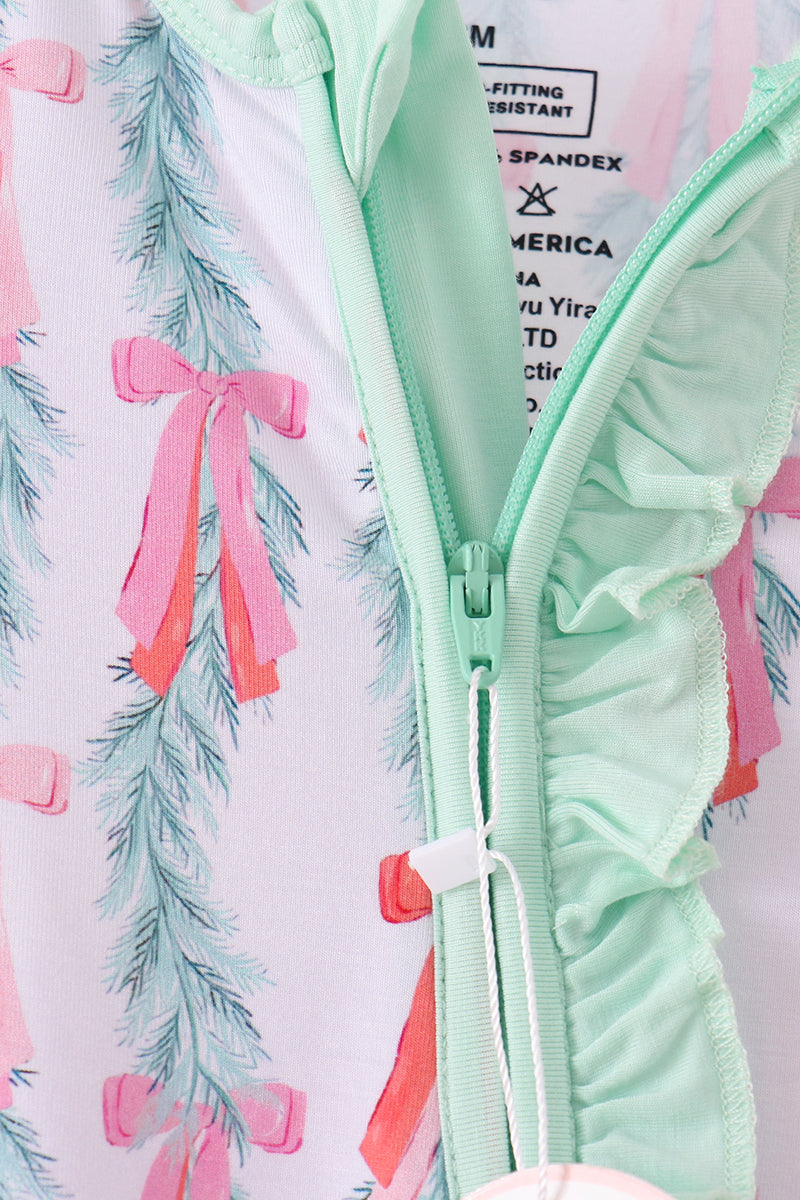 Green Bow Christmas Tree Bamboo Zipper Romper