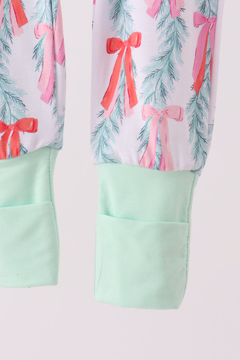 Green Bow Christmas Tree Bamboo Zipper Romper