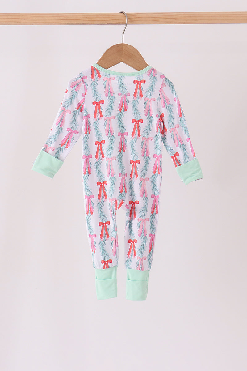Green Bow Christmas Tree Bamboo Zipper Romper