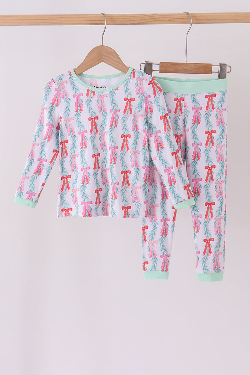Green Bow Christmas Tree Bamboo Pants Set