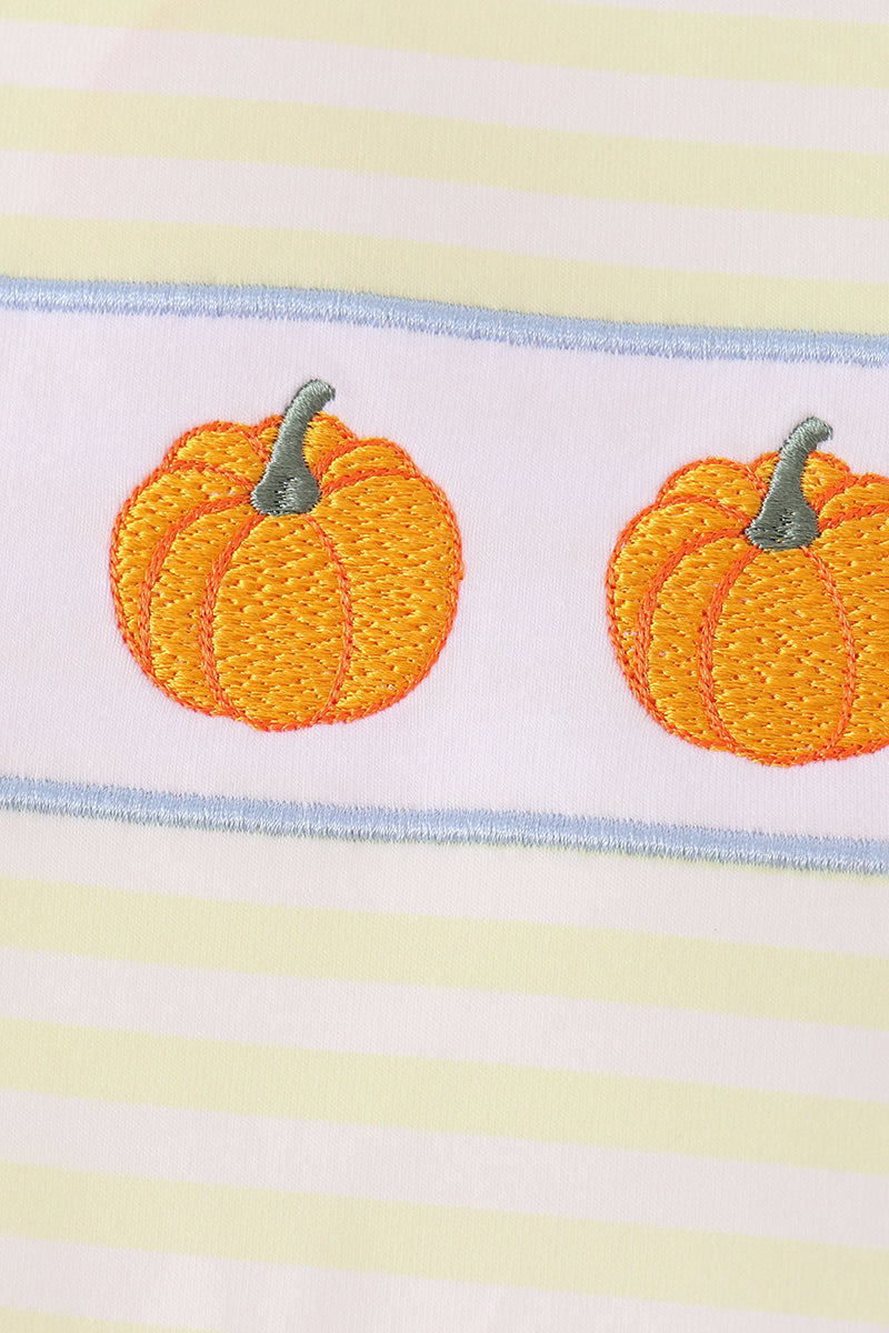 Yellow Stripe Pumpkin Embroidery Shorts Set