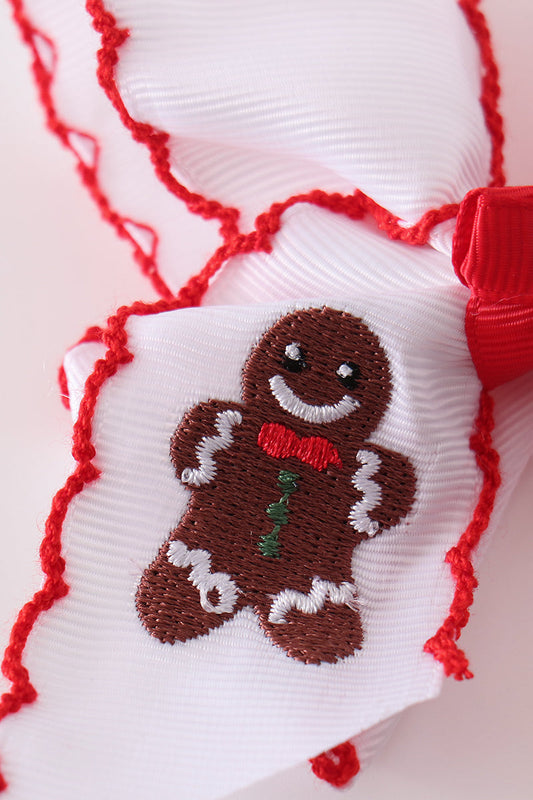Red Gingerbread Embroidery Crochet Edge Hair Bow