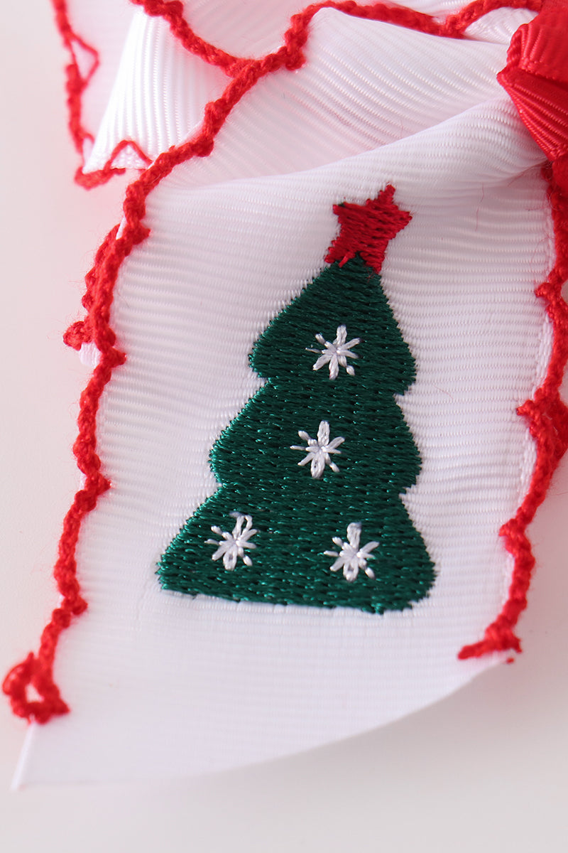 Red Christmas Tree Embroidery Crochet Edge Hair Bow