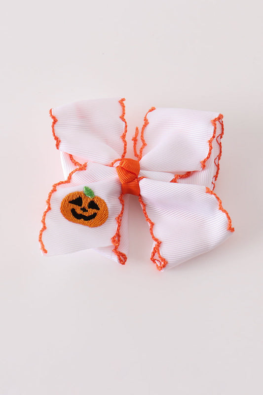Orange Jack-O-Lantern Embroidery Crochet Edge Hair Bow