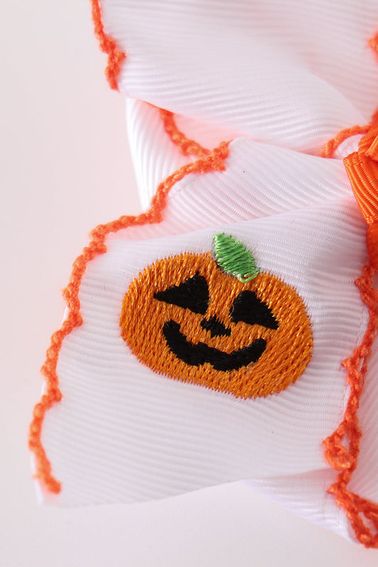 Orange Jack-O-Lantern Embroidery Crochet Edge Hair Bow
