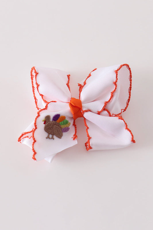 Orange Turkey Embroidery Crochet Edge Hair Bow