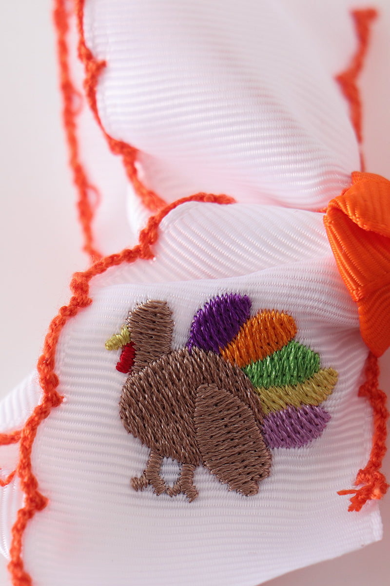 Orange Turkey Embroidery Crochet Edge Hair Bow