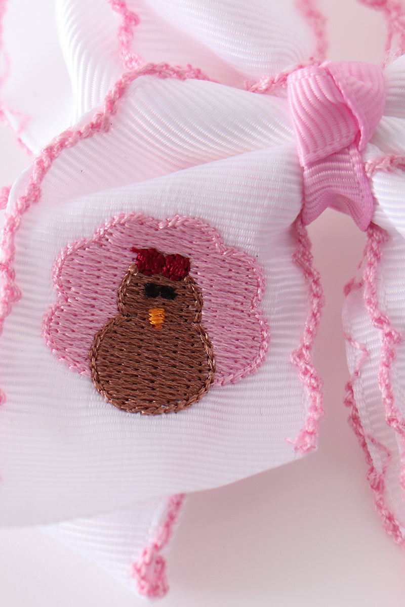 Pink Turkey Embroidery Crochet Edge Hair Bow
