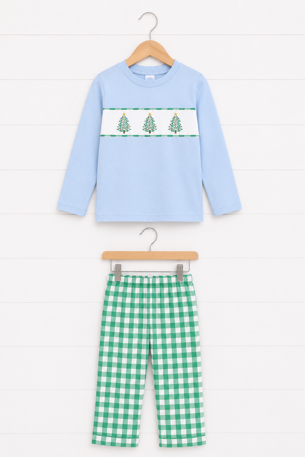 Green Christmas Tree Embroidery Gingham Pants Set