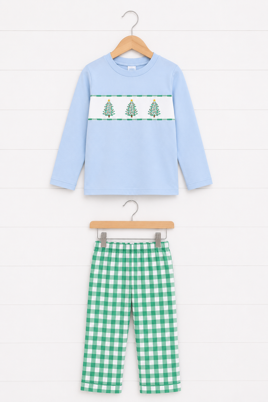 Green Christmas Tree Embroidery Gingham Pants Set