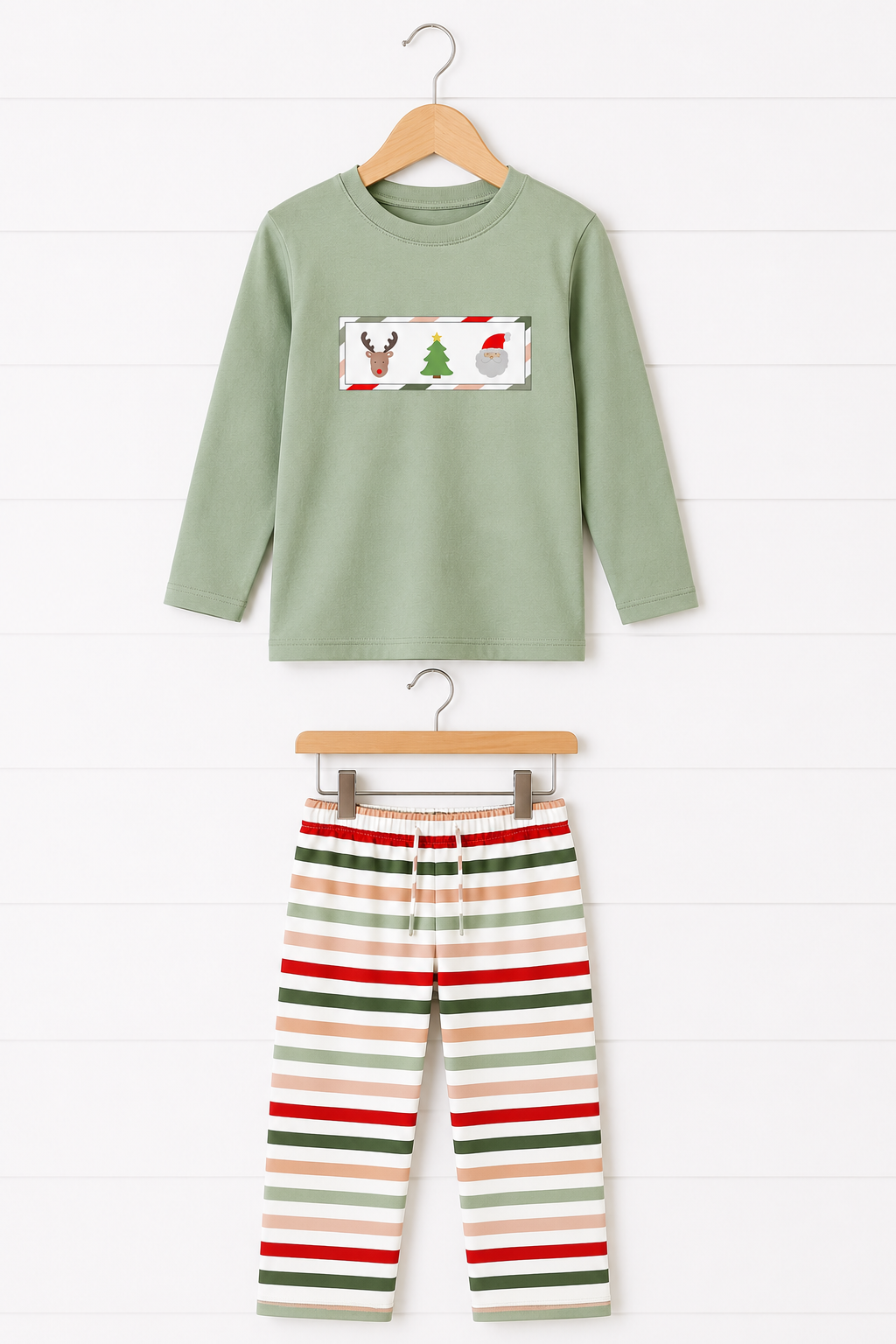 Green Reindeer Tree Embroidery Stripe Pants Set