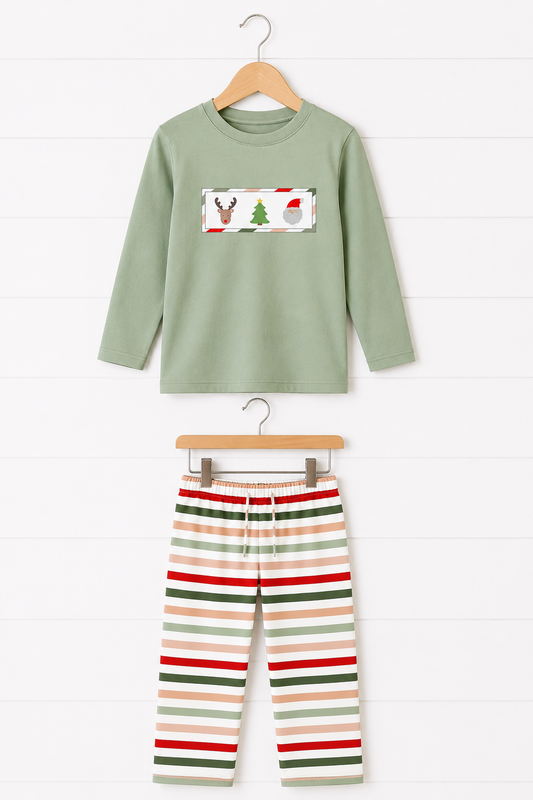 Green Reindeer Tree Embroidery Stripe Pants Set