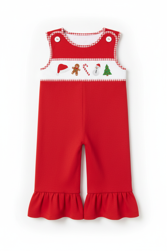Red Holly Jolly Embroidery Ruffle Jumpsuit