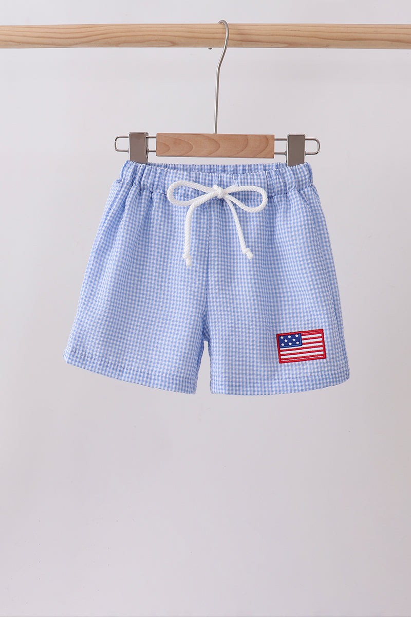 Blue Flag Embroidery Gingham Shorts