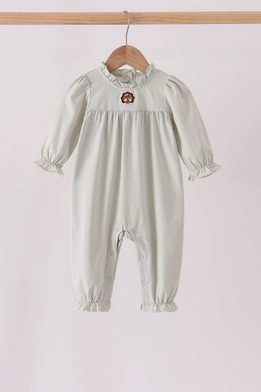 Sage Turkey Embroidery Ruffle Romper