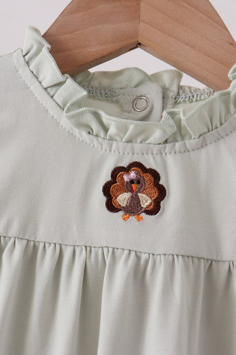 Sage Turkey Embroidery Ruffle Romper