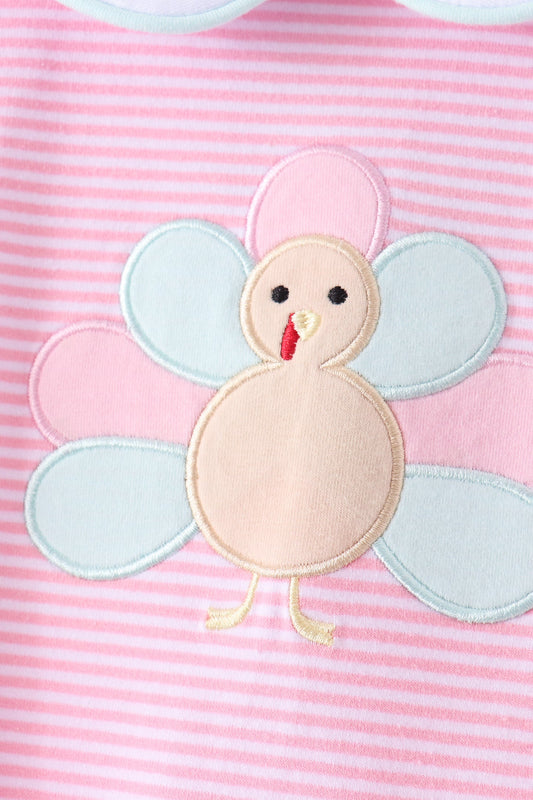 Pink Turkey Embroidery Stripe Romper