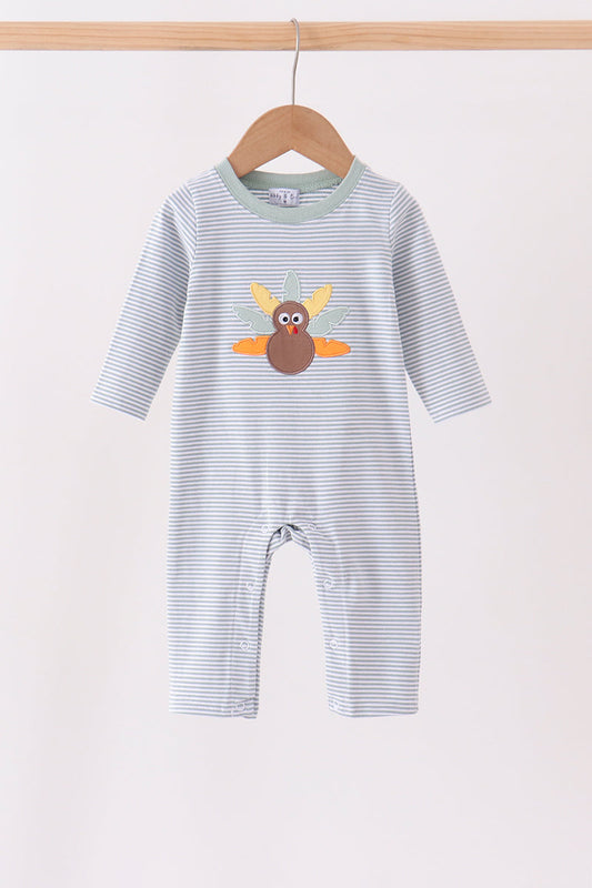 Sage Turkey Embroidery Stripe Romper