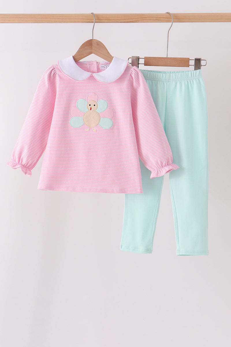 Pink Turkey Embroidery Stripe Pants Set