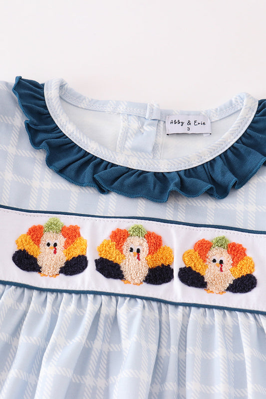 Teal Thanksgiving Turkey French Knot Plaid Girl Set