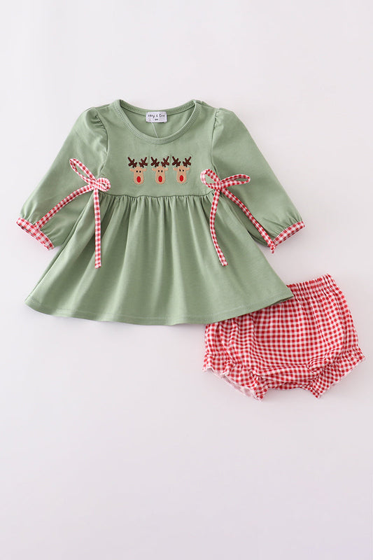 Green Christmas Reindeer Embroidery Girl Bloomers Set