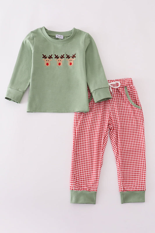 Green Christmas Reindeer Embroidery Boy Set