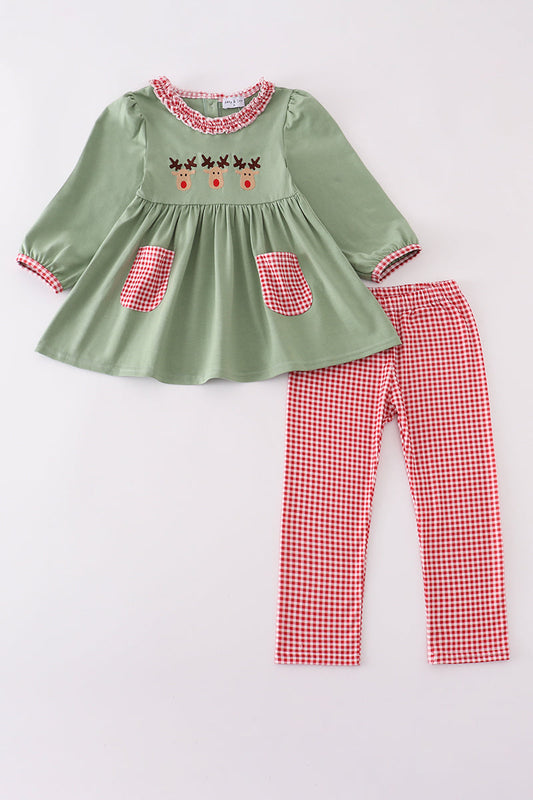 Green Christmas Reindeer Embroidery Girl Set