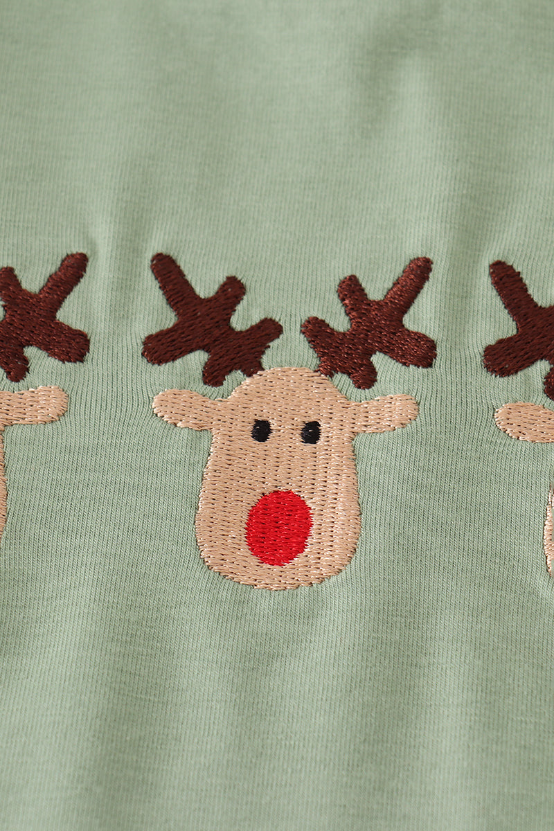 Green Christmas Reindeer Embroidery Girl Set
