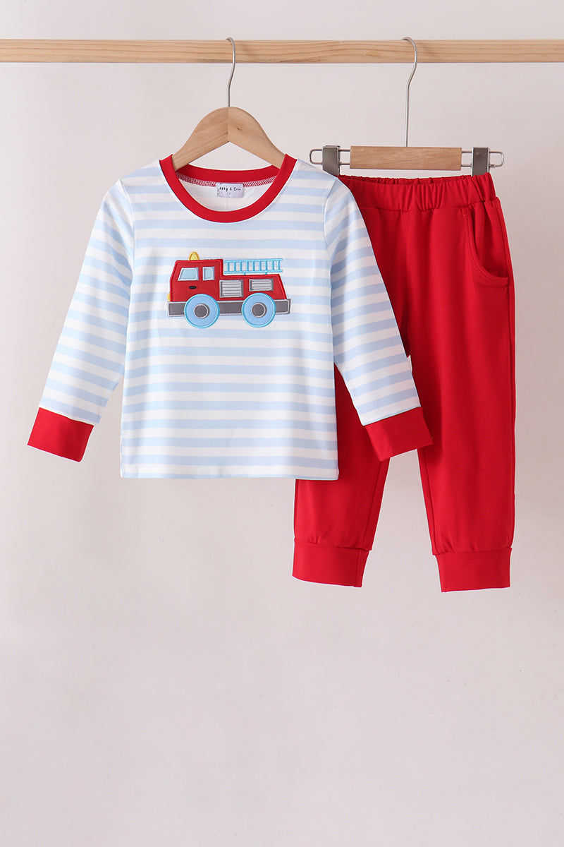 Blue Stripe Firetruck Applique Pants Set
