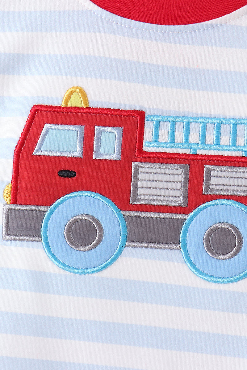 Blue Stripe Firetruck Applique Pants Set