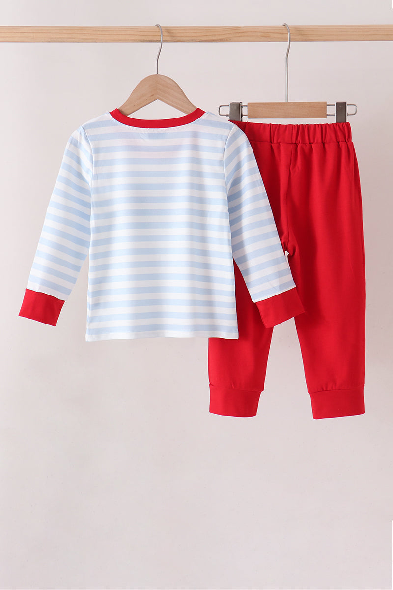 Blue Stripe Firetruck Applique Pants Set