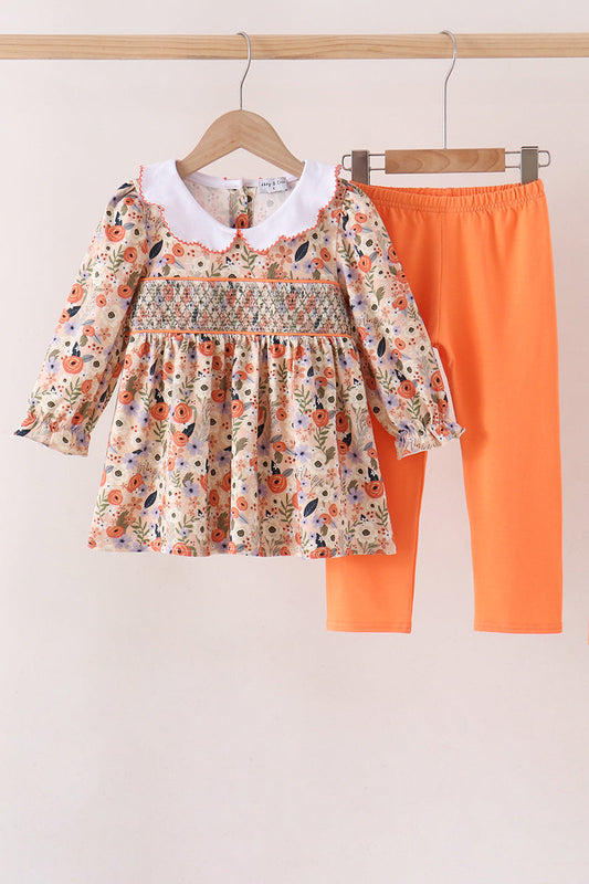 Coral Floral Smocked Pants Set