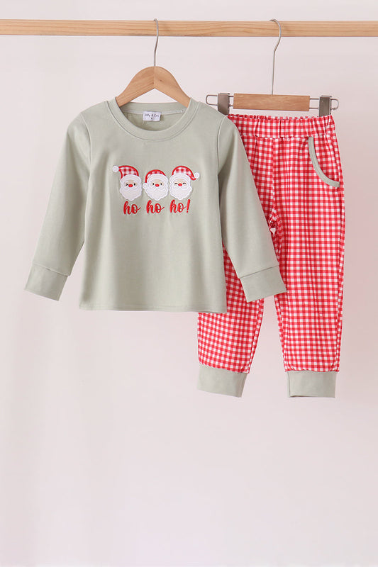 Sage Santa Applique Gingham Pants Set