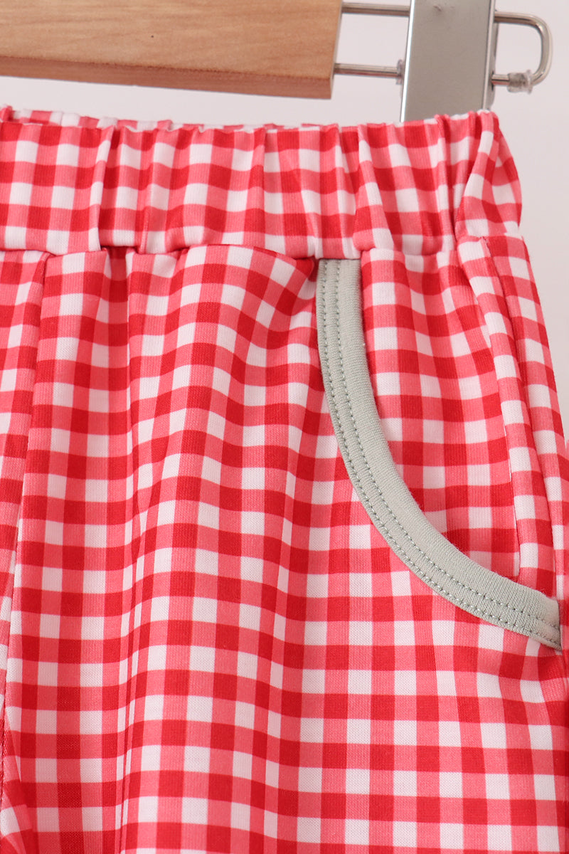 Sage Santa Applique Gingham Pants Set
