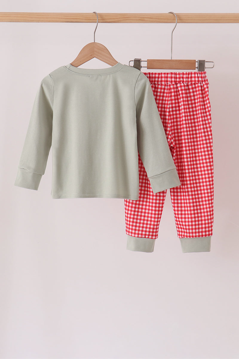 Sage Santa Applique Gingham Pants Set