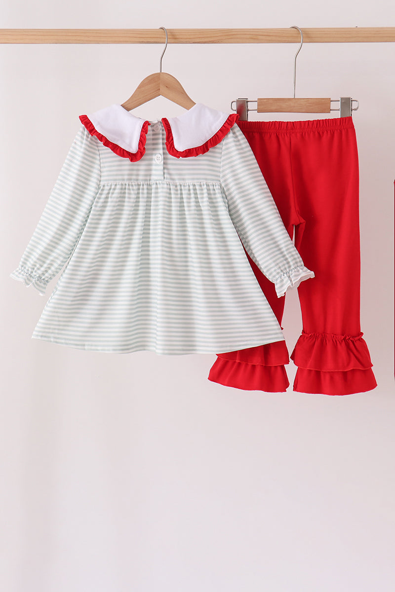 Sage Santa Applique Gingham Ruffle Pants Set
