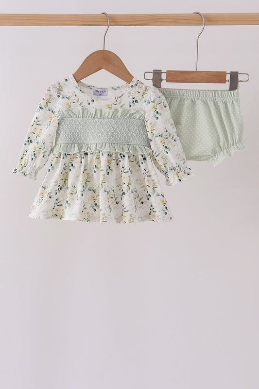 Sage Floral Smocked Ruffle Bloomer Set