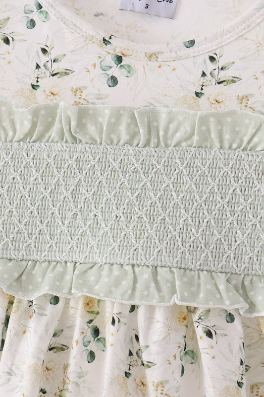 Sage Floral Smocked Ruffle Pants Set