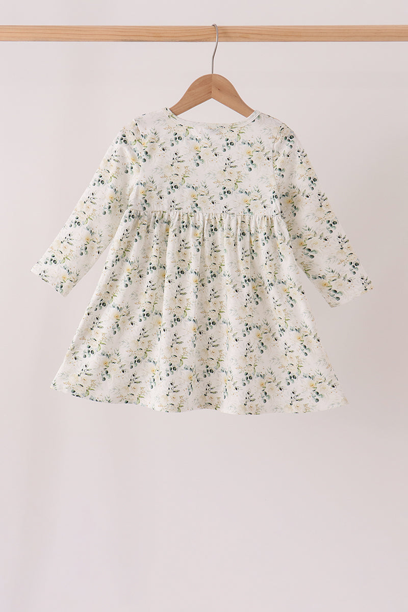 Sage Floral Smocked Ruffle Dress