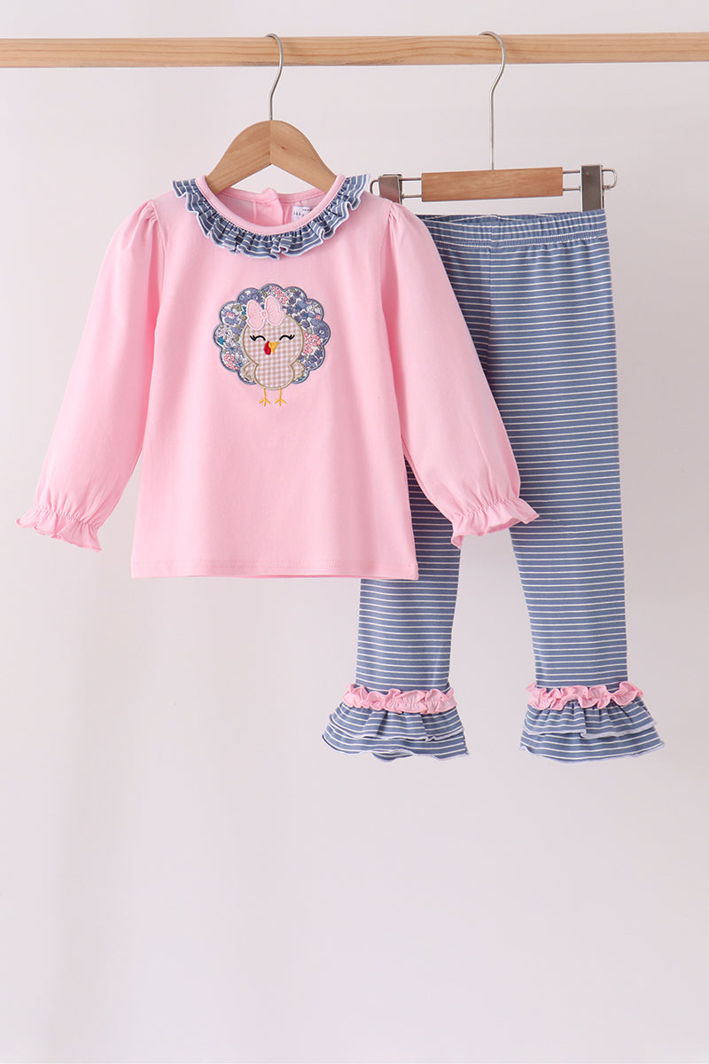 Pink Turkey Applique Ruffle Pants Set