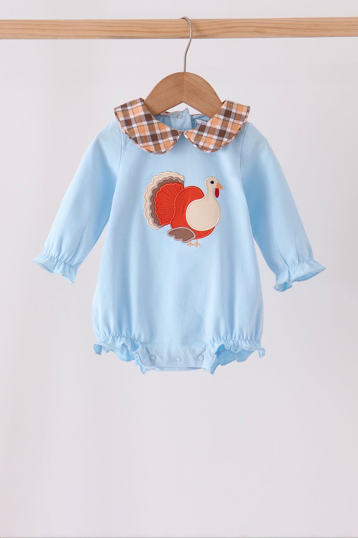 Blue Turkey Embroidery Plaid Ruffle Bubble