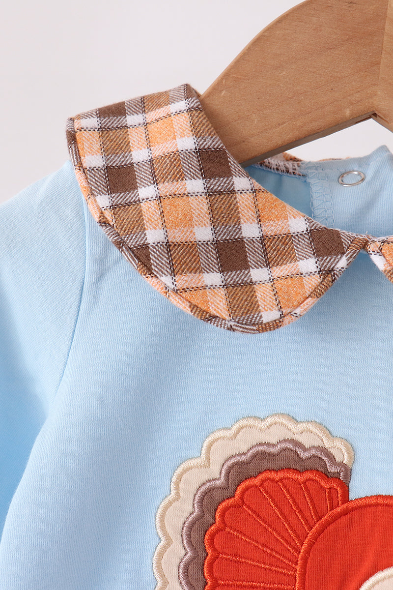 Blue Turkey Embroidery Plaid Ruffle Bubble