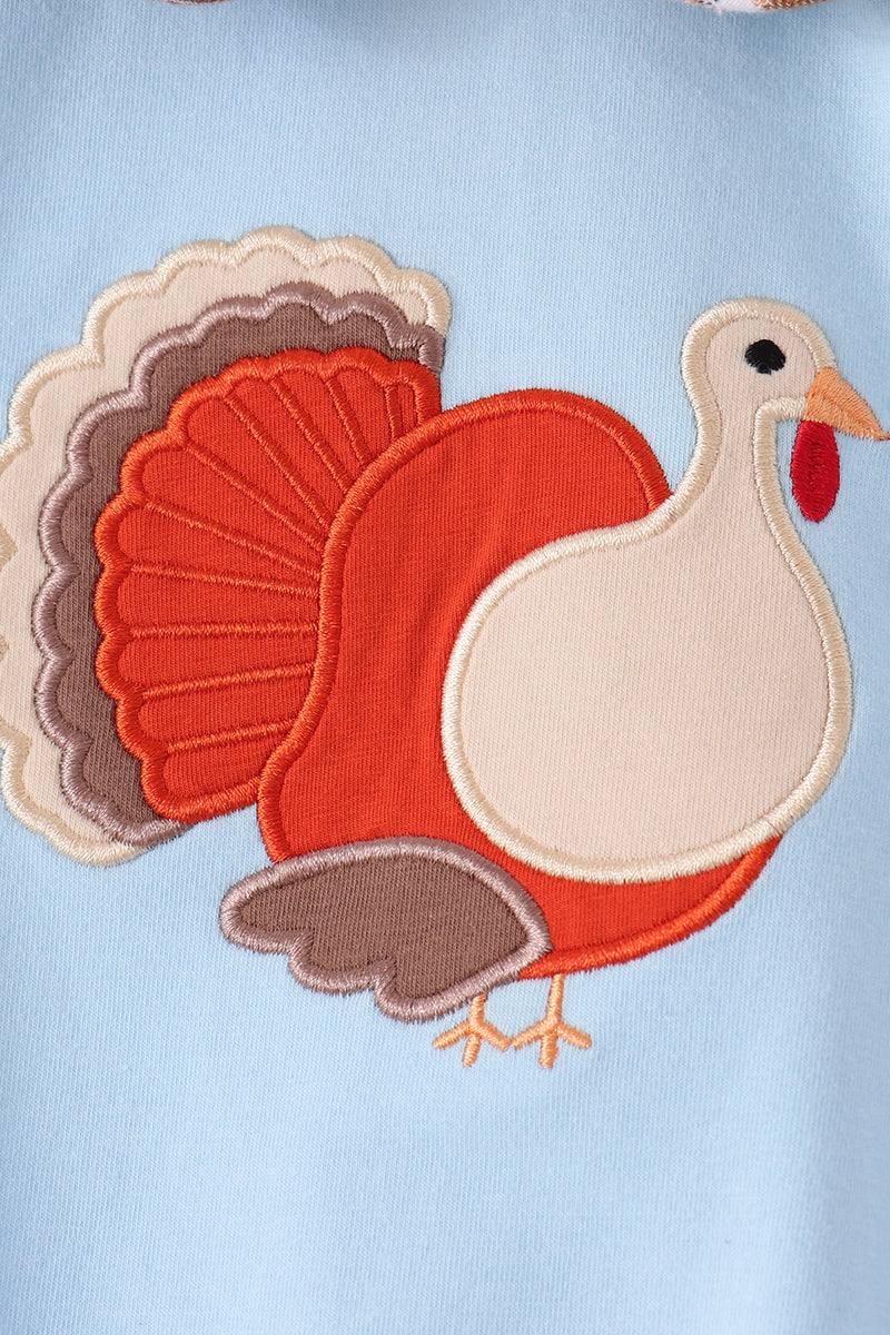 Blue Turkey Embroidery Plaid Ruffle Bubble
