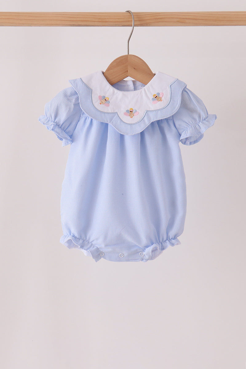 Blue Turkey Embroidery Checkered Ruffle Bubble