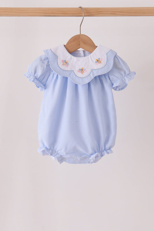Blue Turkey Embroidery Checkered Ruffle Bubble
