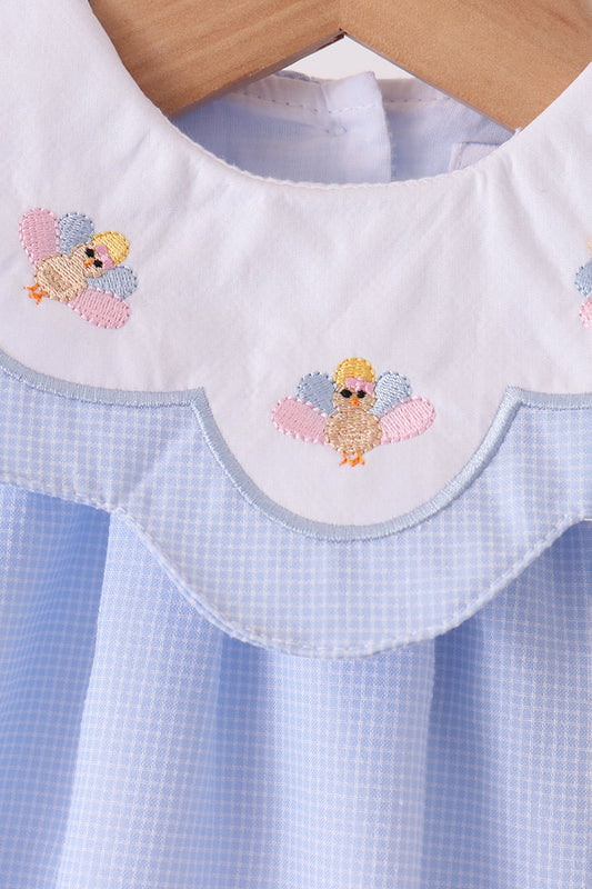 Blue Turkey Embroidery Checkered Ruffle Bubble