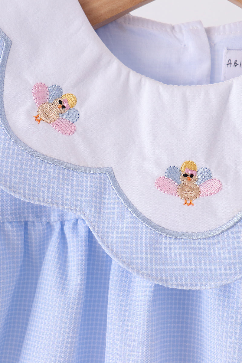 Blue Turkey Embroidery Checkered Dress