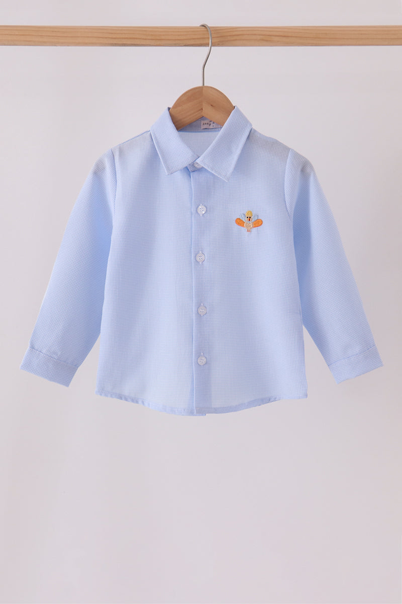 Blue Turkey Embroidery Button Down Shirt