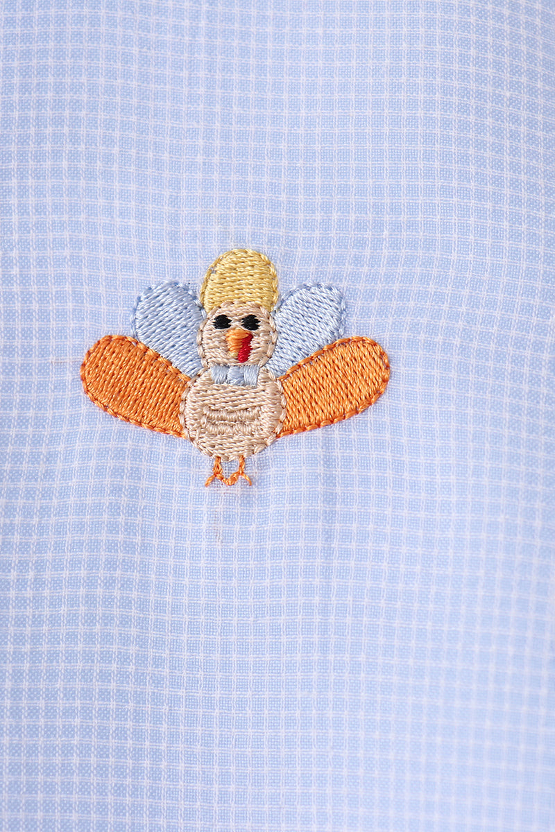 Blue Turkey Embroidery Button Down Shirt
